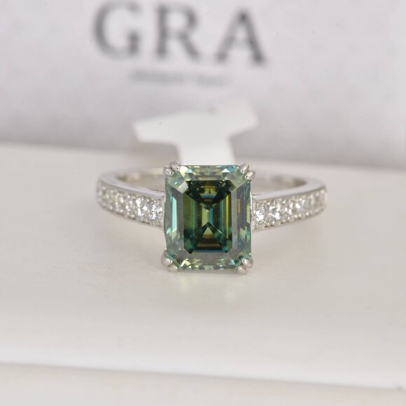 Moissanite Wholesaler Jewelry - GRA Certified 4ct Blue Green Emerald Cut Moissanite Engagement Ring 925 Sterling